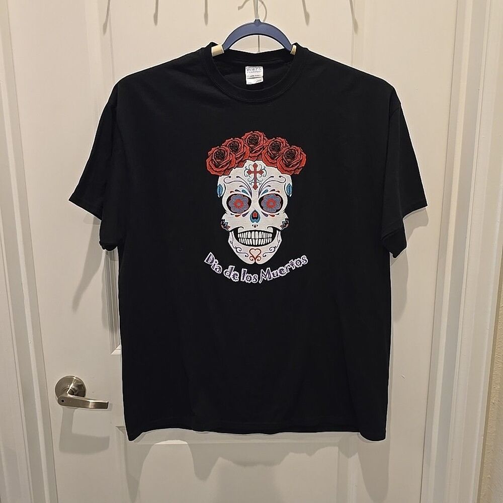Port & Co Dia de los Muertos Day of the Dead Black T-Shirt Plus 2XL Sugar Skull